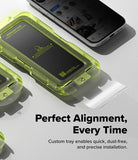 iPhone 18 Pro / Pro Max Privacy Screen & Camera Protectors all-groups - A translucent neon yellow-green protective phone case shown around a smartphone, with additional matching cases partially visible. Large text reads 'Perfect Alignment, Every Time' and smaller text says 'Custom tray enables quick, dust-free, and precise installation.