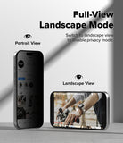 iPhone 18 Pro / Pro Max Privacy Screen & Camera Protectors all-groups - Two smartphones shown on a light gray surface with text labels for Portrait View and Landscape View, plus the headline 'Full-View Landscape Mode' explaining a privacy mode feature.