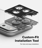 iPhone 18 Pro / Pro Max Privacy Screen & Camera Protectors all-groups - Custom-fit lens guard installation tool shown over a smartphone camera module, with text reading 'Custom-Fit Installation Tool' and 'For fast and easy installation.'.