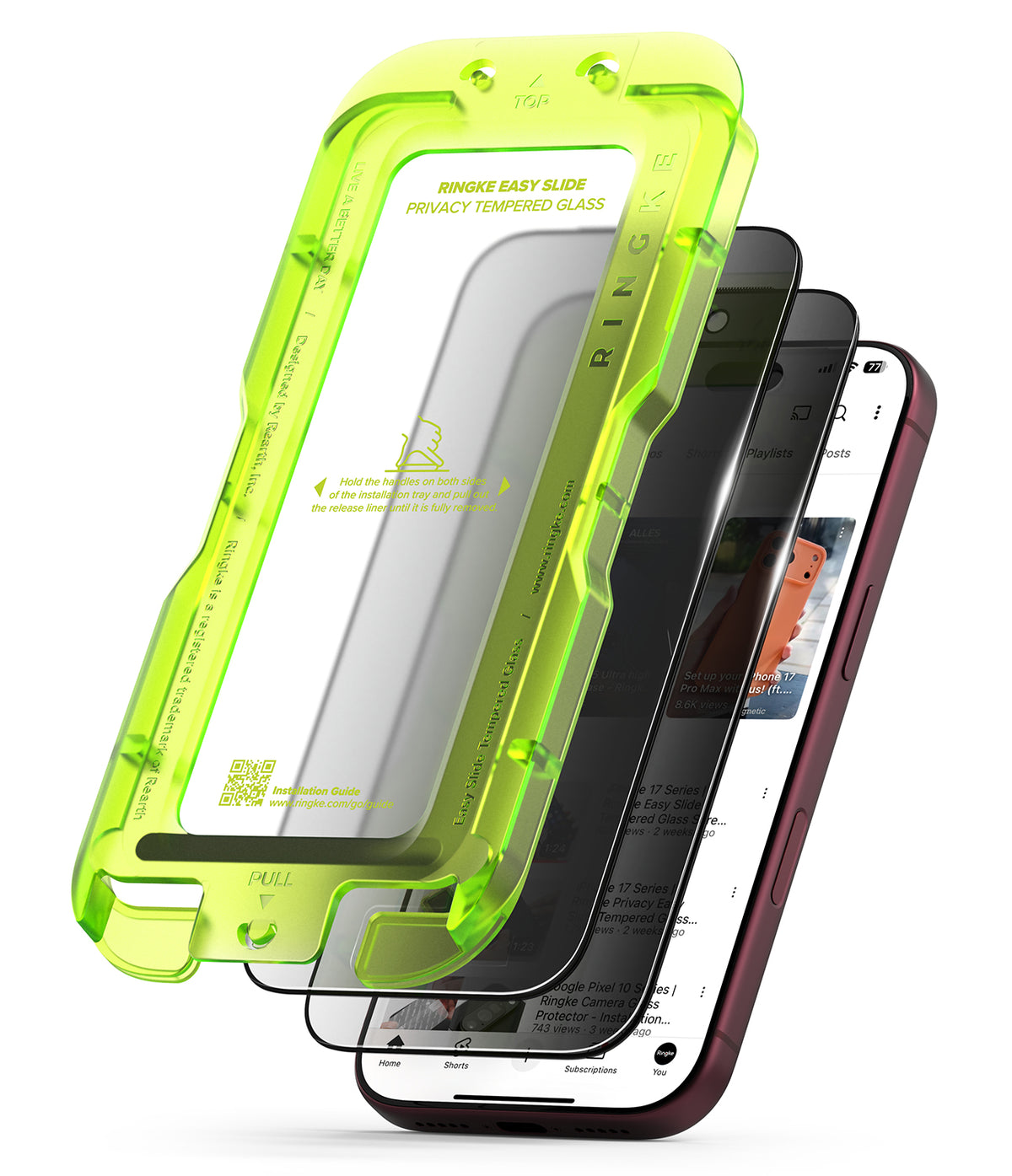 iPhone 18 Pro Screen Protector | Easy Slide Privacy Tempered Glass - Two translucent neon yellow-green privacy phone cases shown with retail packaging and two smartphone mockups on a white background. A large '2 PACK' badge appears in the top-left corner.