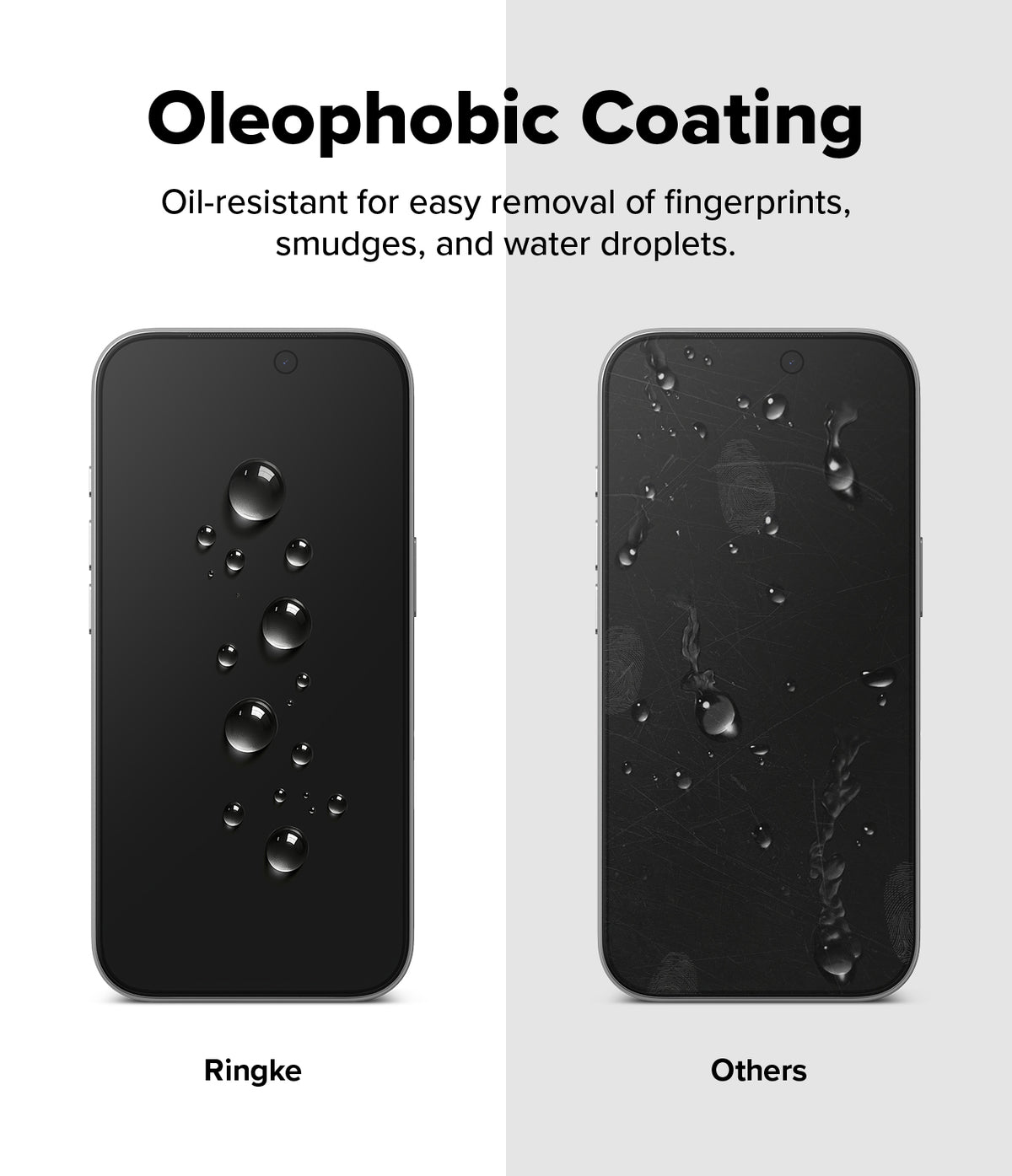 iPhone 18 Pro Screen Protector | Easy Slide Privacy Tempered Glass - Comparison of Oleophobic coating on Ringke and non-Ringke phone cases with oil droplets.