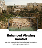 iPhone 18 Pro Screen Protector | Easy Slide Privacy Tempered Glass - A promotional graphic for a smartphone screen protector. The top half shows a beach and cliffside town scene with a smartphone displaying a crowded beach scene, overlaid with a transparent rectangle indicating the protector.
