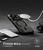 iPhone 18 Pro Case | Fusion Bold Magnetic Matte - A black magnetic phone case for iPhone 18 Pro, shown with a white MagSafe ring accessory. The image is set on a dark textured surface with a smartphone and a pop socket in the background, featuring branding for Ringke and Fusion Bold Magnetic.
