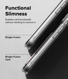 iPhone 18 Pro / Pro Max Case Fusion Card all-groups - Promotional graphic for the Ringke Fusion card case, showing a slim transparent phone case fitted over a silver smartphone, with text reading 'Functional Slimness' and 'Ringke Fusion Card'.