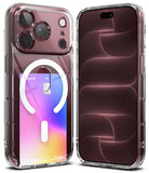 iPhone 18 Pro Case | Fusion Card Magnetic - Two views of a clear magnetic card holder phone case on a white background, showing a dark burgundy phone inside. One view displays a white circular magnetic card holder with a sample card, and the other shows the back of the phone with the case attached.