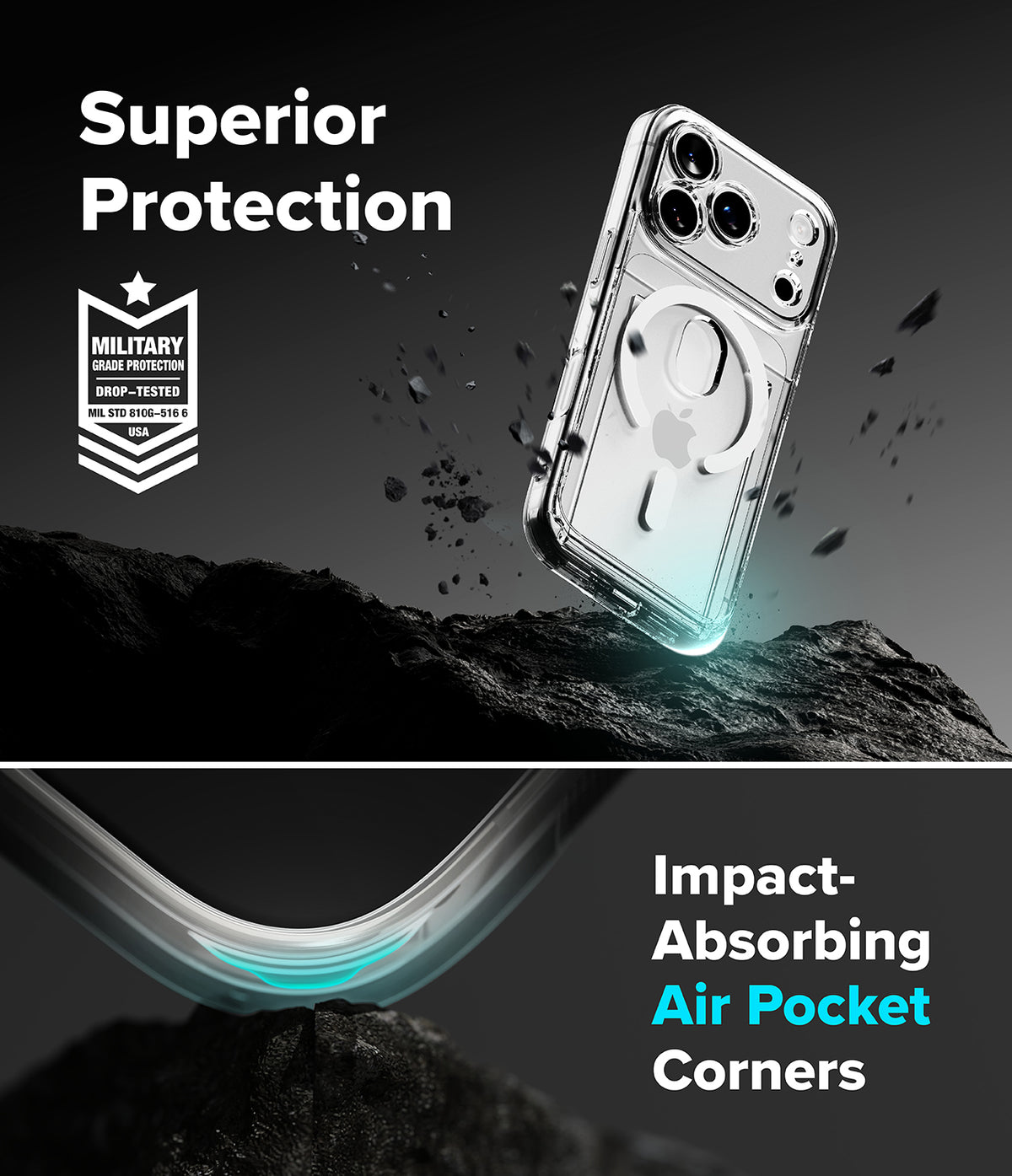 iPhone 18 Pro Case | Fusion Card Magnetic - Phone case with military-grade protection rating and impact-absorbing air pocket corners on a dark background.