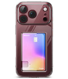iPhone 18 Pro Case | Fusion Card - Two clear smartphone cases shown side by side on a white background. The left case is open to reveal a built-in card slot holding a pastel gradient card, and the right case is closed with a dark blue and black abstract pattern visible through the transparent back.