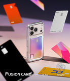 iPhone 18 Pro Case | Fusion Card - A clear protective phone case with an attached holographic magnetic fusion card, shown standing upright on a stylized surface with floating credit cards around it. Text at the bottom reads 'FUSION CARD for iPhone 14 Pro' and 'Ringke'.