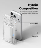 iPhone 18 Pro Case | Fusion Card - Transparent hybrid phone case shown on a silver smartphone, with overlaid text and callouts explaining dual-material construction, flexible TPU, and hard PC protection on a light gray background.