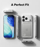 iPhone 18 Pro Case | Fusion Card - A clear protective phone case shown from multiple angles on a light gray background, with the text 'A Perfect Fit' at the top. The phone inside is visible through the transparent case, and the Apple logo is visible on the phone.