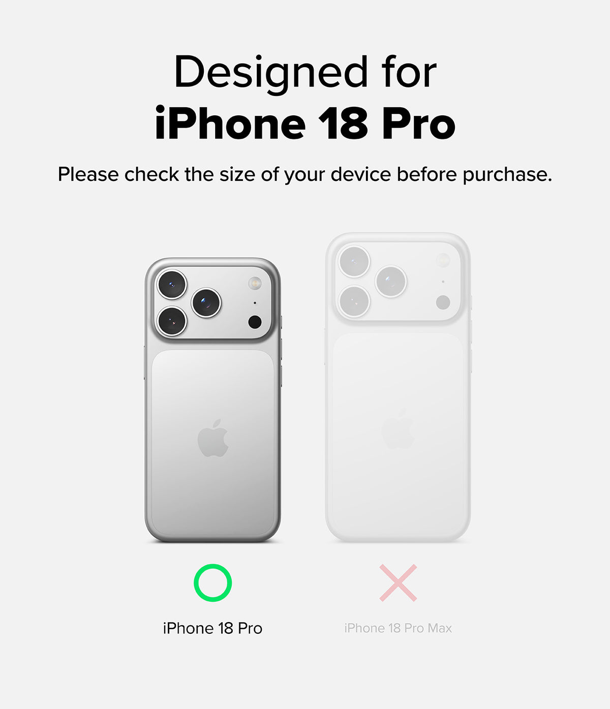 iPhone 18 Pro Case | Fusion Card - A compatibility graphic showing a phone case designed for iPhone 18 Pro. The left side displays a silver iPhone 18 Pro with a green circle icon below it, indicating the correct fit.