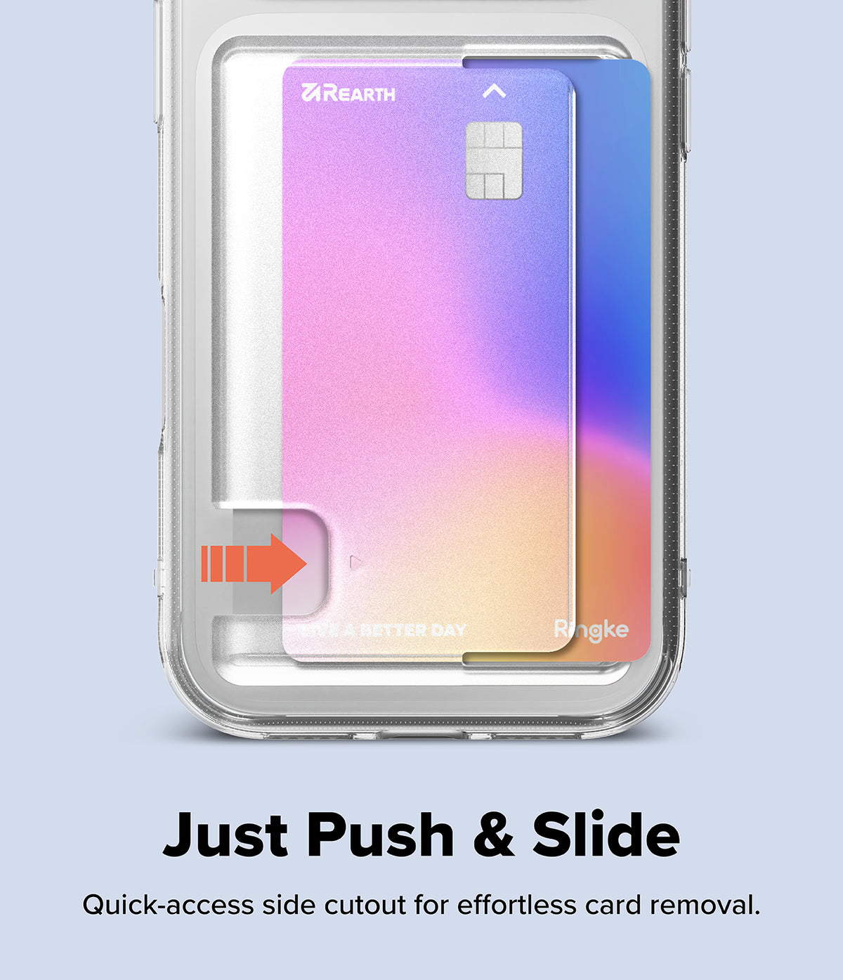 iPhone 18 Pro Case | Fusion Card - A clear phone case with a side cutout showing a colorful card inside, with an orange arrow indicating a push-and-slide card removal mechanism. Text below reads 'Just Push & Slide' and 'Quick-access side cutout for effortless card removal.