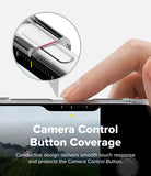 iPhone 18 Pro Case | Fusion Card - A close-up of a hand pressing the camera control button of a smartphone, with a circular inset showing a transparent protective cover over the button. Text on the image reads 'Camera Control Button Coverage' and describes a conductive design that delivers a smooth touch response and protects the camera button.