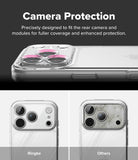 iPhone 18 Pro / Pro Max Case Fusion Clear, Matte Clear all-groups - Promotional graphic for a phone camera protection case. The top section shows a clear camera protector fitted over the rear camera of a white phone, with text reading 'Camera Protection' and a pink highlight indicating fitment.