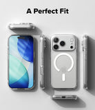 iPhone 18 Pro Case | Fusion Magnetic Matte - A clear protective phone case shown from multiple angles on a light gray background, with the text 'A Perfect Fit' at the top. The case is displayed on a silver smartphone, showing the front, back, and side profiles.