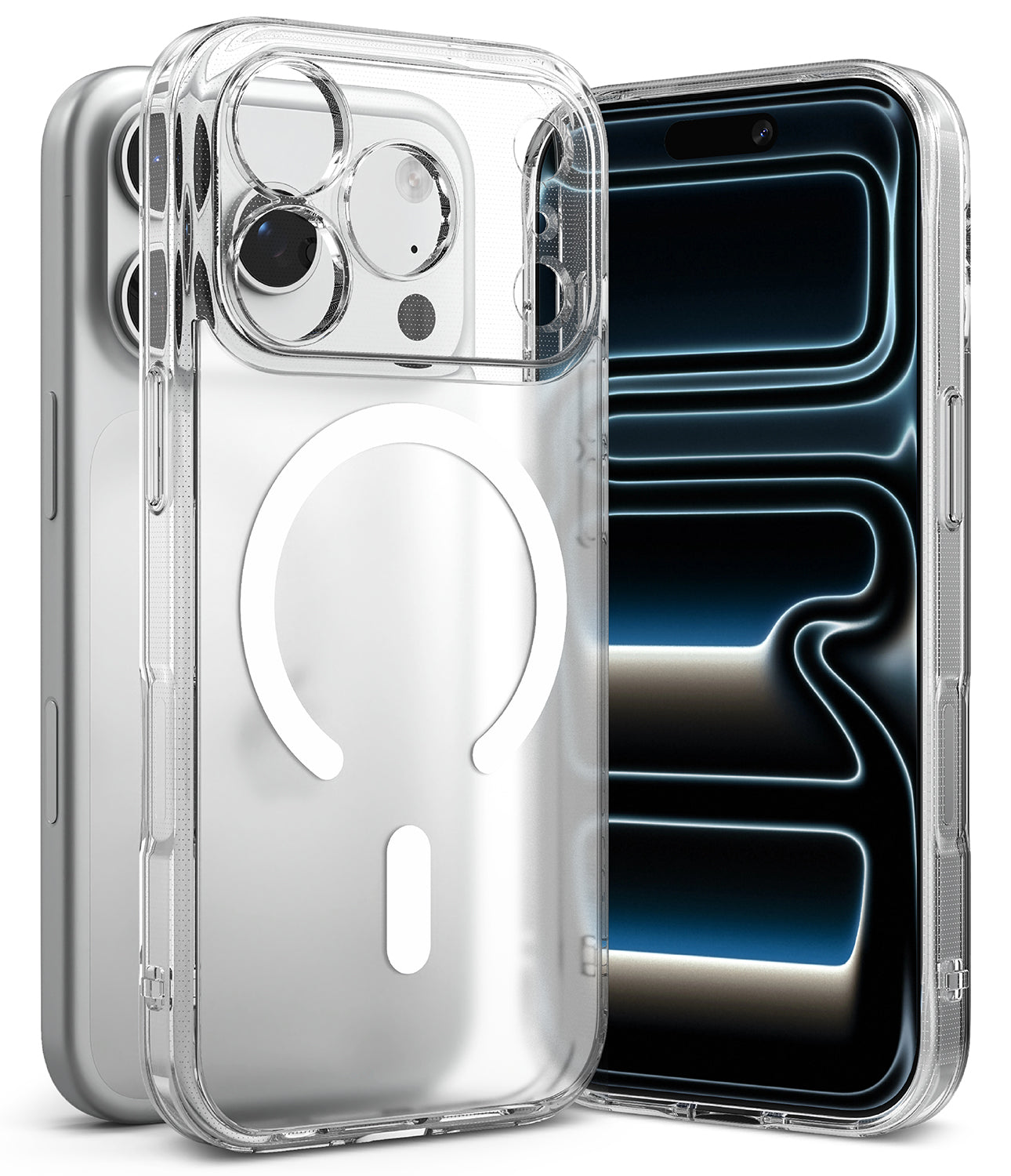 iPhone 18 Pro Case | Fusion Magnetic Matte - A clear protective phone case with a built-in white MagSafe ring, shown on a silver smartphone. The image displays three angles of the case: the back view with the MagSafe ring, the side profile, and a front view showing the transparent bumper edge.