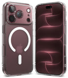 iPhone 18 Pro Case | Fusion Magnetic Matte - A clear protective phone case with a built-in white MagSafe ring, shown on a silver smartphone. The image displays three angles of the case: the back view with the MagSafe ring, the side profile, and a front view showing the transparent bumper edge.