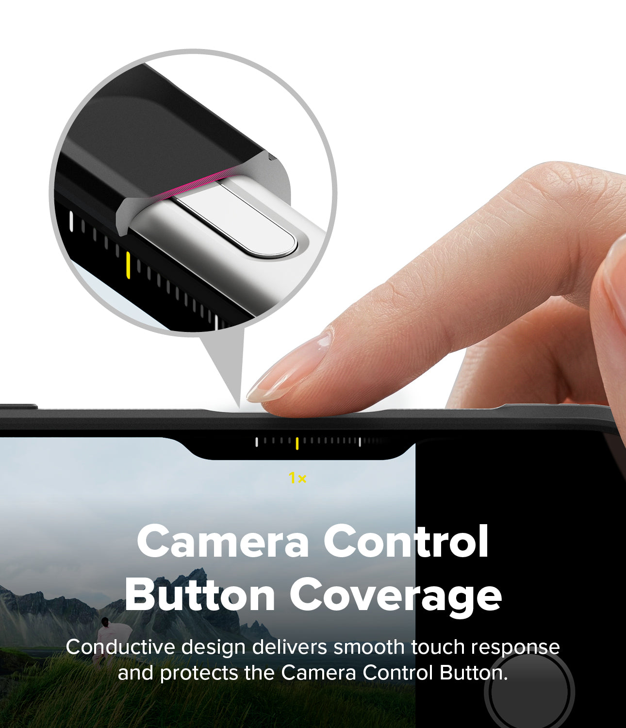 iPhone 18 Pro Case | Onyx - Close-up of a hand pressing a phone camera control button, with a circular inset showing the button covered by a protective film and text reading 'Camera Control Button Coverage'.