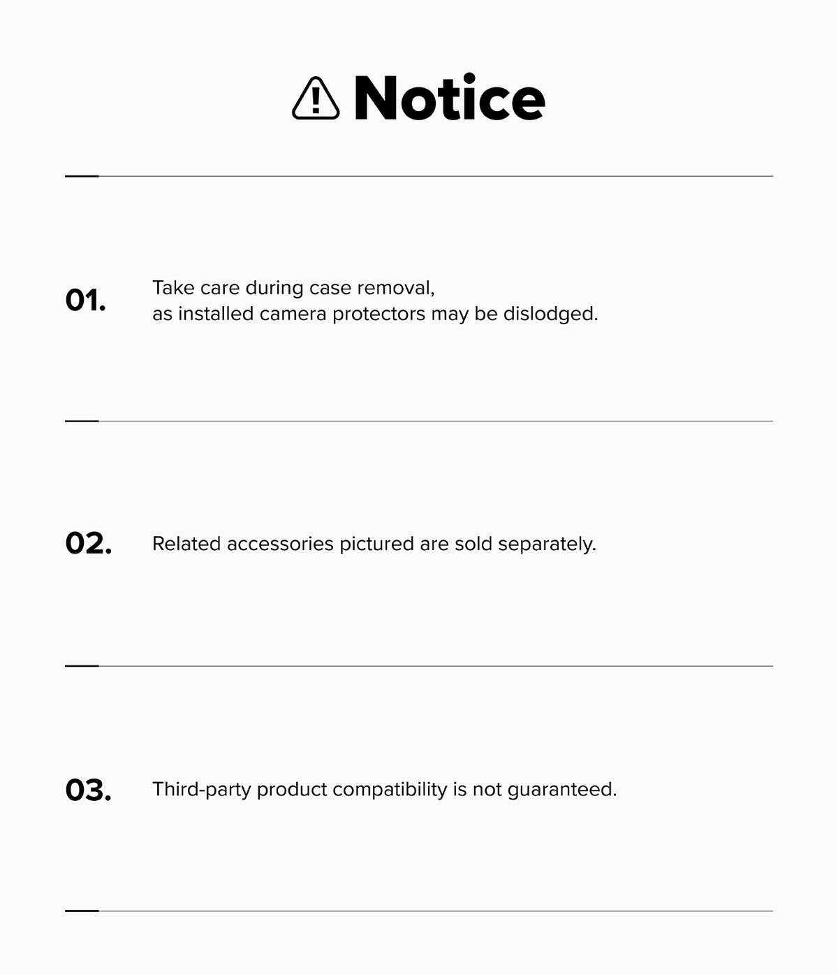 iPhone 18 Pro | Onyx - A white notice card with black text and a warning icon at the top, listing three important reminders about case removal, sold accessories, and third-party compatibility.