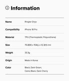 iPhone 18 Pro | Onyx - A product information card with a light gray background and black text listing details for a Ringke Air case: compatibility with iPhone 18 Pro Max, TPU material, dimensions, weight, and color as clear/glitter clear.