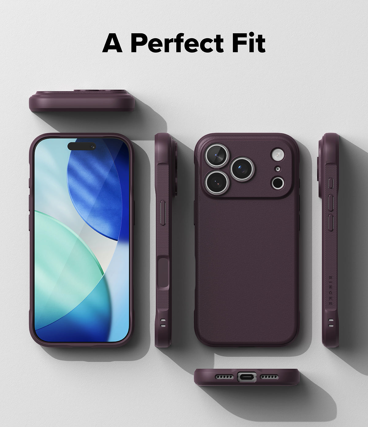 iPhone 18 Pro | Onyx - A black protective phone case shown from multiple angles on a light gray background, with the text 'A Perfect Fit' at the top. The phone inside the case displays a blue and green abstract screen wallpaper.