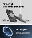 iPhone 18 Pro Case | Onyx Magnetic - Promotional graphic for a magnetic phone case showing a black camouflage Ringke case with a circular MagSafe ring, comparison with generic magnets, and text reading 'Powerful Magnetic Strength' and 'N52 Magnets'.