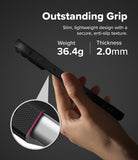 iPhone 18 Pro Case | Onyx Magnetic - A hand holds a slim black phone case against a dark gray background, with text reading 'Outstanding Grip' and product specs including weight 36.4g and thickness 2.