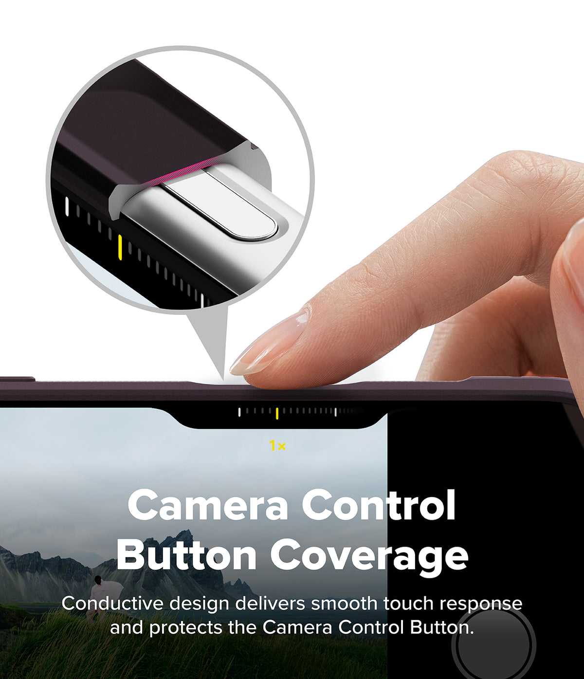 iPhone 18 Pro | Onyx Magnetic - Close-up of a hand pressing the camera control button on the top edge of a smartphone, with a circular inset showing the button coverage detail and text reading 'Camera Control Button Coverage'.