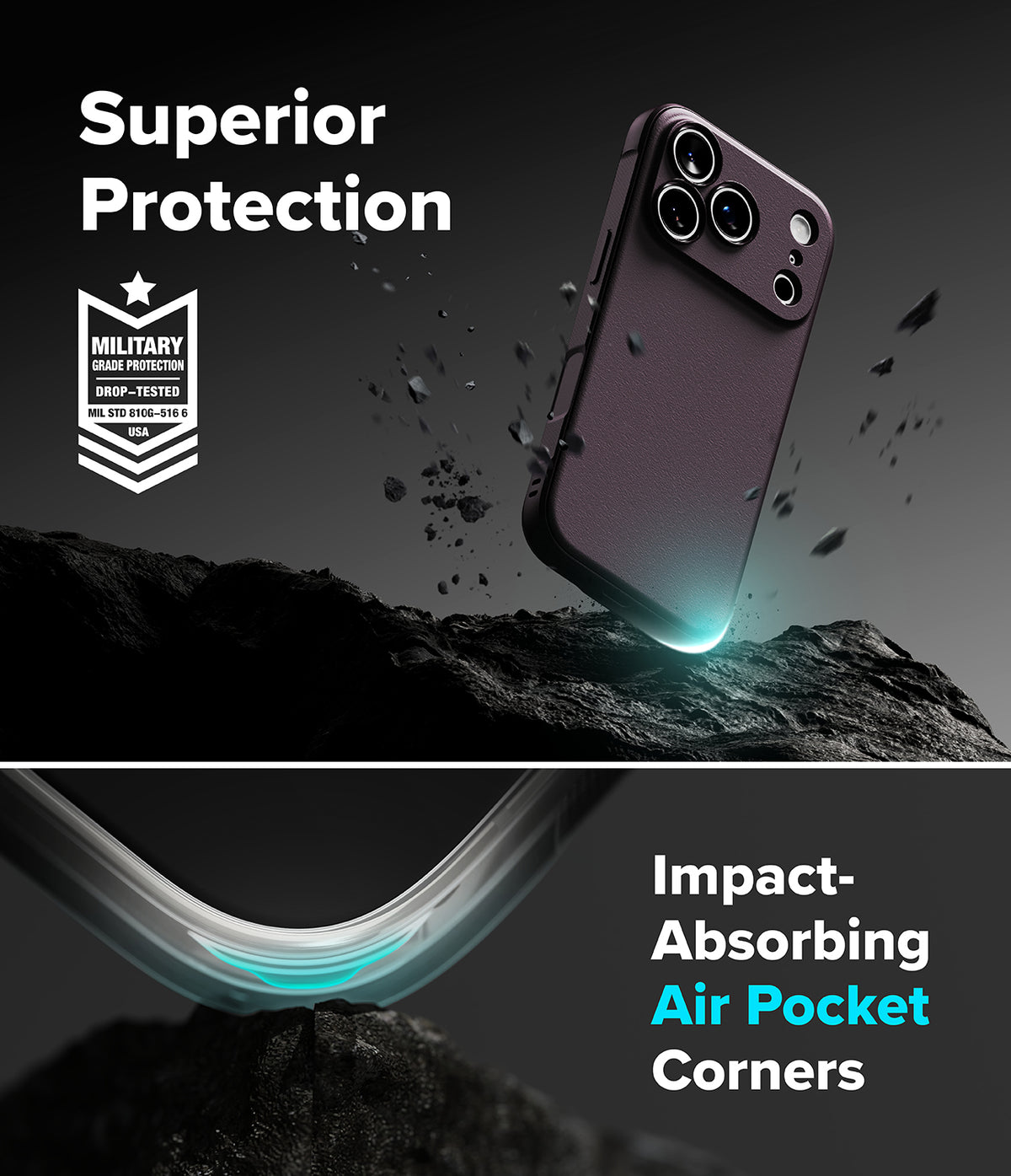 iPhone 18 Pro | Onyx Magnetic - A dark phone case shown floating above a rocky surface with debris, under the text 'Superior Protection' and a military drop-test badge. The lower section shows a curved corner with glowing teal air-pocket detailing and the text 'Impact-Absorbing Air Pocket Corners.