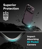 iPhone 18 Pro | Onyx Magnetic - A dark phone case shown floating above a rocky surface with debris, under the text 'Superior Protection' and a military drop-test badge. The lower section shows a curved corner with glowing teal air-pocket detailing and the text 'Impact-Absorbing Air Pocket Corners.