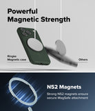 iPhone 18 Pro Case | Onyx Magnetic - Promotional graphic for a dark green magnetic phone case with a large circular MagSafe ring. The image includes text reading 'Powerful Magnetic Strength,' 'Ringke Magnetic case,' 'Others,' and 'N52 Magnets,' with a smartphone shown alongside a floating magnetic ring and a blue-lit close-up of the ring at the bottom.