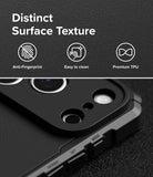 iPhone 18 Pro Case | Rugged Gear Magnetic - Close-up of a black rugged phone case with a raised camera cutout, shown on a dark textured background with marketing text reading 'Distinct Surface Texture' and icons for anti-fingerprint, easy to clean, and premium TPU.