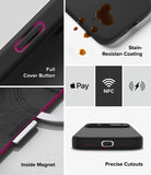 iPhone 18 Pro Case | Silicone Magnetic - A 5-panel product feature collage for a black phone case. The panels show close-ups of the case with text callouts: Full Cover Button, Stain-Resistant Coating with liquid droplets, Inside Magnet, Precise Cutouts, and compatibility icons for Apple Pay, NFC, and wireless charging.