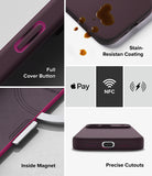 iPhone 18 Pro Case | Silicone Magnetic - A dark purple phone case collage showing product features: a full cover button with a pink accent, stain-resistant coating with liquid droplets, inside magnet detail, and precise cutouts for wireless charging and Apple Pay.