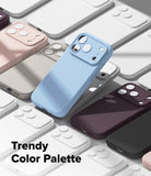 iPhone 18 Pro Case | Silicone Magnetic - A light blue phone case with a matching camera bar is shown among several other phone cases in different colors, including pink, white, gray, and dark purple, with the text 'Trendy Color Palette' in the bottom left corner.
