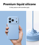 iPhone 18 Pro Case | Silicone Magnetic - A hand holds a light blue phone case against a split background, with text at the top reading 'Premium liquid silicone' and a close-up of glossy liquid silicone on the right.