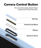 iPhone 18 Pro Case | Silicone Magnetic - Exploded diagram labeled 'Camera Control Button' showing layered components around a phone camera opening: PET Film, Printed Circuit Board, Silicone, and Aluminum Frame, with a close-up of the blue camera area and explanatory text about detecting finger movements.