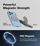 iPhone 18 Pro Case | Silicone Magnetic - A promotional graphic for a light blue magnetic phone case. The top half shows the case with a large circular magnetic ring and a blurred phone magnet hovering nearby under the text 'Powerful Magnetic Strength.