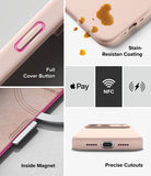 iPhone 18 Pro Case | Silicone Magnetic - A multi-panel product feature graphic for a light pink phone case. The panels show close-ups of the case with text labels: 'Full Cover Button', 'Stain-Resistant Coating' with a liquid spill demonstration, 'Inside Magnet' showing a magnetic clip attachment, 'Apple Pay', 'NFC', wireless charging symbols, and 'Precise Cutouts' showing the bottom port cutout.
