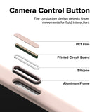 iPhone 18 Pro Case | Silicone Magnetic - An explanatory product graphic labeled 'Camera Control Button' showing a close-up of a phone camera opening with labeled layers: PET Film, Printed Circuit Board, Silicone, and Aluminum Frame. Text explains that the conductive design detects finger movements for fluid interaction.