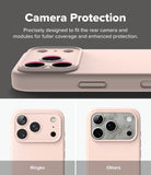 iPhone 18 Pro Case | Silicone Magnetic - A promotional graphic for a phone camera protection case. The top section shows a pale pink phone case with a raised camera module insert and marketing text reading 'Camera Protection.