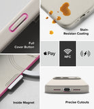iPhone 18 Pro Case | Silicone Magnetic - A multi-panel product feature graphic for a phone case. The left column shows close-ups of the case: a full cover button with a pink accent, an inside magnet feature, and a back view with a metallic ring.