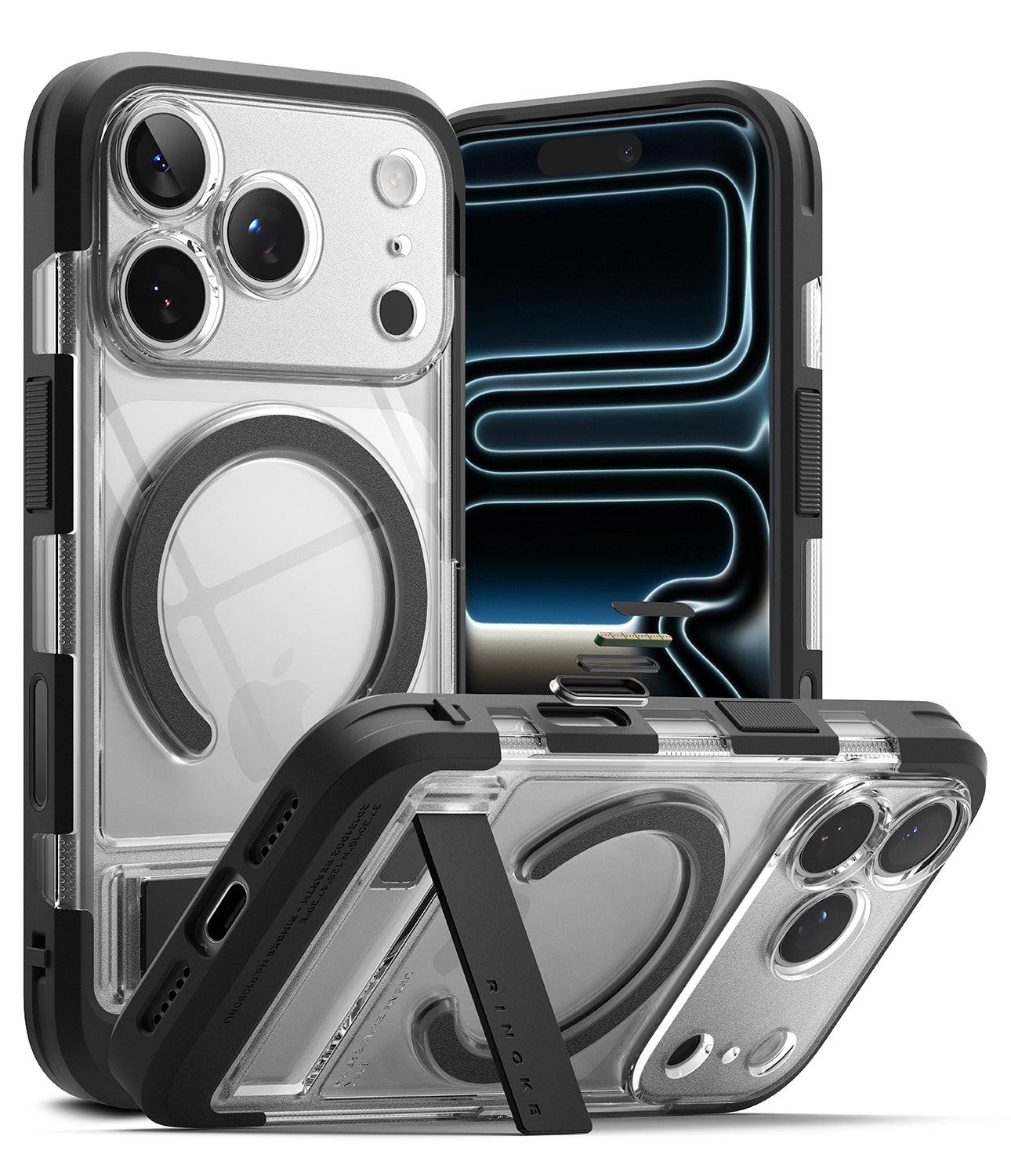 iPhone 18 Pro Case | UX Magnetic - Clear and black protective phone case with MagSafe ring, shown from multiple angles on a white background.