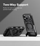 iPhone 18 Pro Case | UX Magnetic - Transparent black phone case with built-in kickstand, shown in two orientations on a gray background with text reading 'Two-Way Support'.
