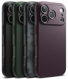 iPhone 18 Pro Case | Onyx - Three smartphone cases shown from the back in a studio render: a matte black case, a dark green case, and a dark gray carbon-fiber-style camouflage case. The cases are arranged overlapping on a plain white background.