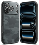 iPhone 18 Pro Case | Onyx - Two views of a black phone case with a dark gray carbon-fiber-style pattern on the back, shown on a white background. The left view shows the case installed on a phone with a triple-camera cutout, and the right view shows the back of the case with a glossy black finish and a blue-and-white abstract graphic overlay.