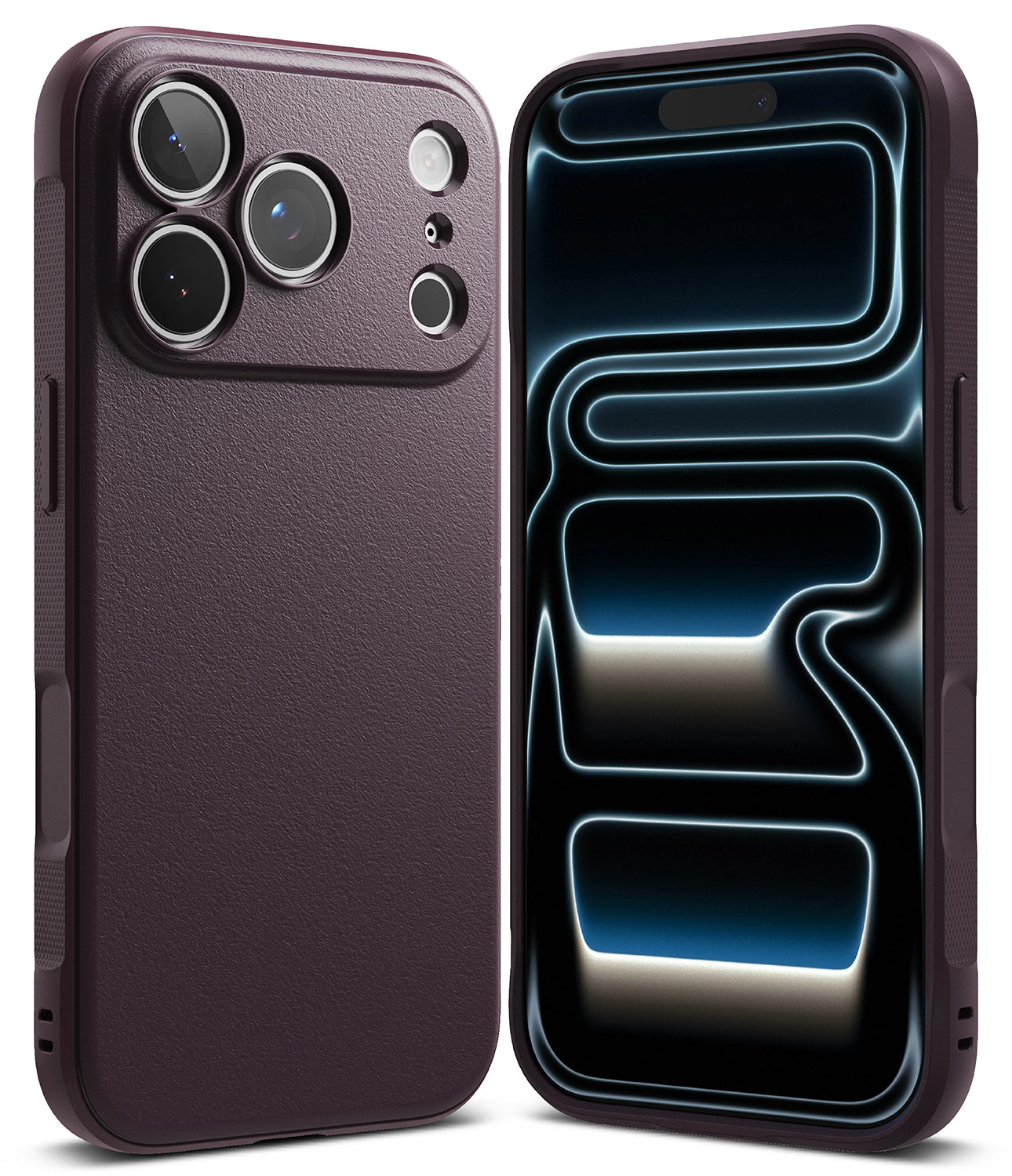 iPhone 18 Pro Max | Onyx - Two views of a dark plum purple phone case on a white background, showing the textured back cover and the front bumper with a digital display.
