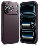 iPhone 18 Pro | Onyx - Two views of a dark plum purple phone case on a white background, showing the textured back cover and the front bumper with a digital display.