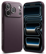 iPhone 18 Pro | Onyx - Two views of a dark plum purple phone case on a white background, showing the textured back cover and the front bumper with a digital display.