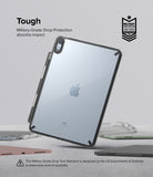 Fusion | iPad - A clear protective case on an iPad with reinforced corners and a military-grade drop protection badge.